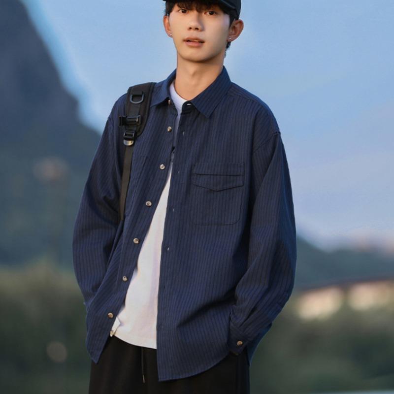 Spring and Autumn Men's New Lar Loose Casual Striped Long Sleeve Shirt