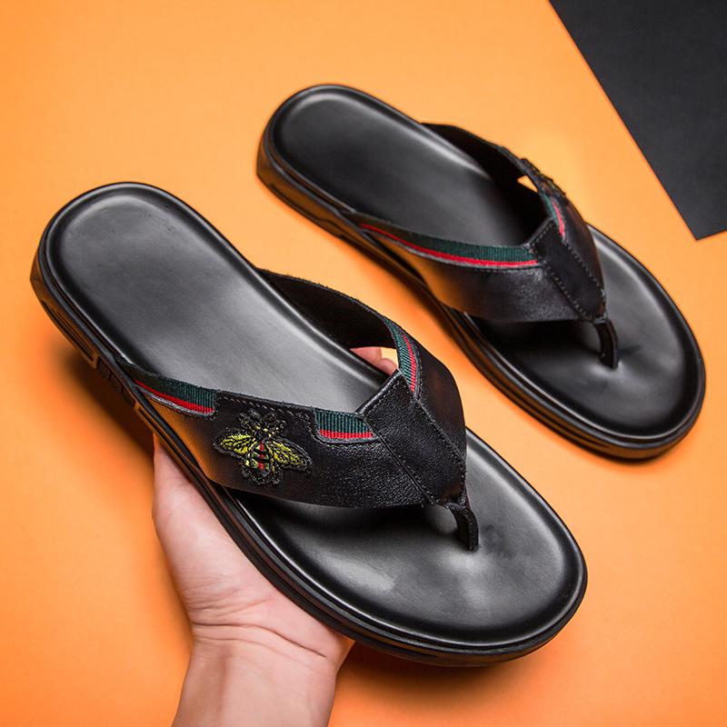 Plain version dynamic cool slippers men's summer toe flip-flops men's cowhide sandals men's shoes first layer beach shoes comfortable