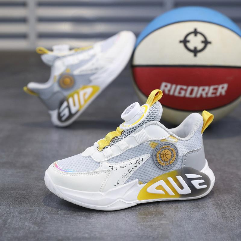 Male and Female Students Fashion Sports Shoes Medium and Older Children Casual Rotating Button Cushioning Running Shoes Mesh Breathable Basketball