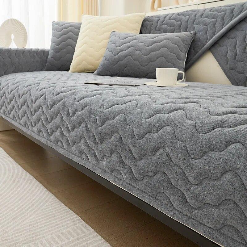 Wellenförmige Linien Sofabezug für Wohnzimmer Rutschfest Universal Plüsch Sofakissen Handtuch Rutschfeste Sofabezug Matte Heimdekor Überwürfe