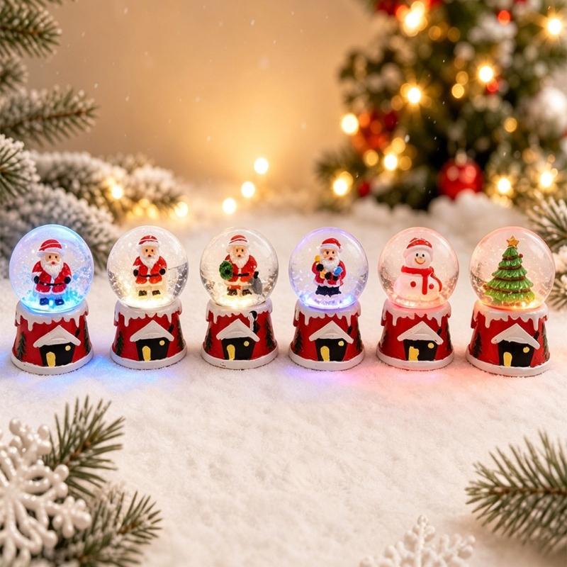 Christmas Water Globe Ornament with LED Light and Falling Snow Effect, Mini Holiday Display Accent in Glass Globe, Movable Shelf Accent, Random Style