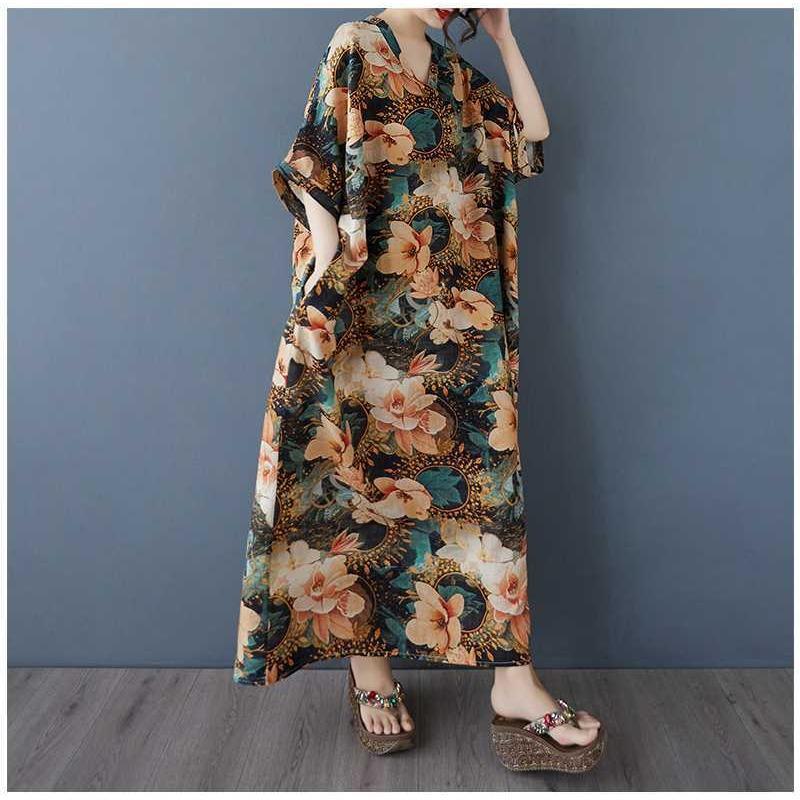 Women's Vintage Long Dress with Cotton and Linen Patterns