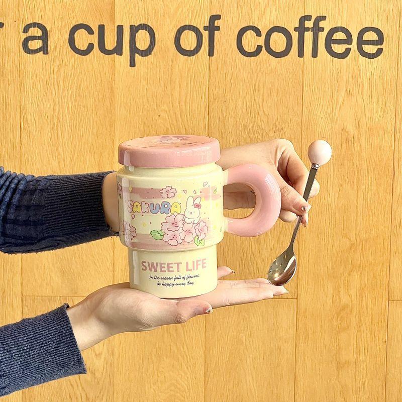 Cute Girl Cherry Blossom Rabbit Cup High-looking Ceramic Mug with Lid Spoon Office Breakfast Coffee Cup
