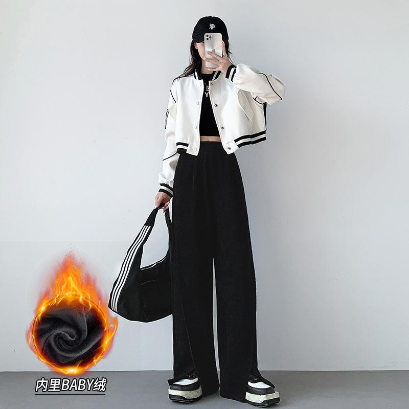 

0G fleece wide-leg pants women s trousers winter new loose high-waisted casual pants straight pants S чёрный