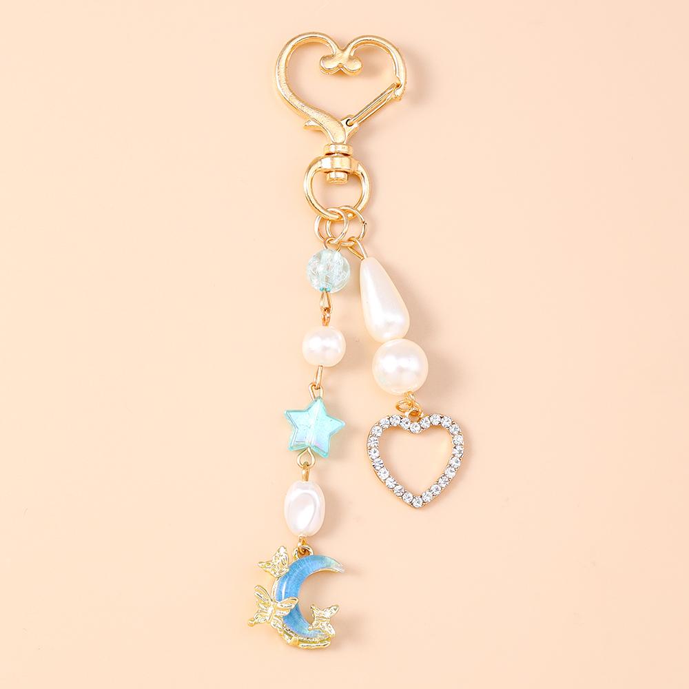 Fashion Star Moon Keychain Crystal Pearl Key Ring Pendants for Women Girls Handbag Decor DIY Handmade Key Chain Gifts