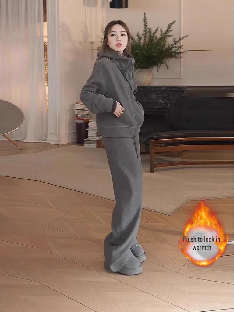 2025 Women's Plus Velvet Warm Hooded Sweatshirt & Long Pants Two-Piece Set: Casual Autumn/Winter Sportswear.