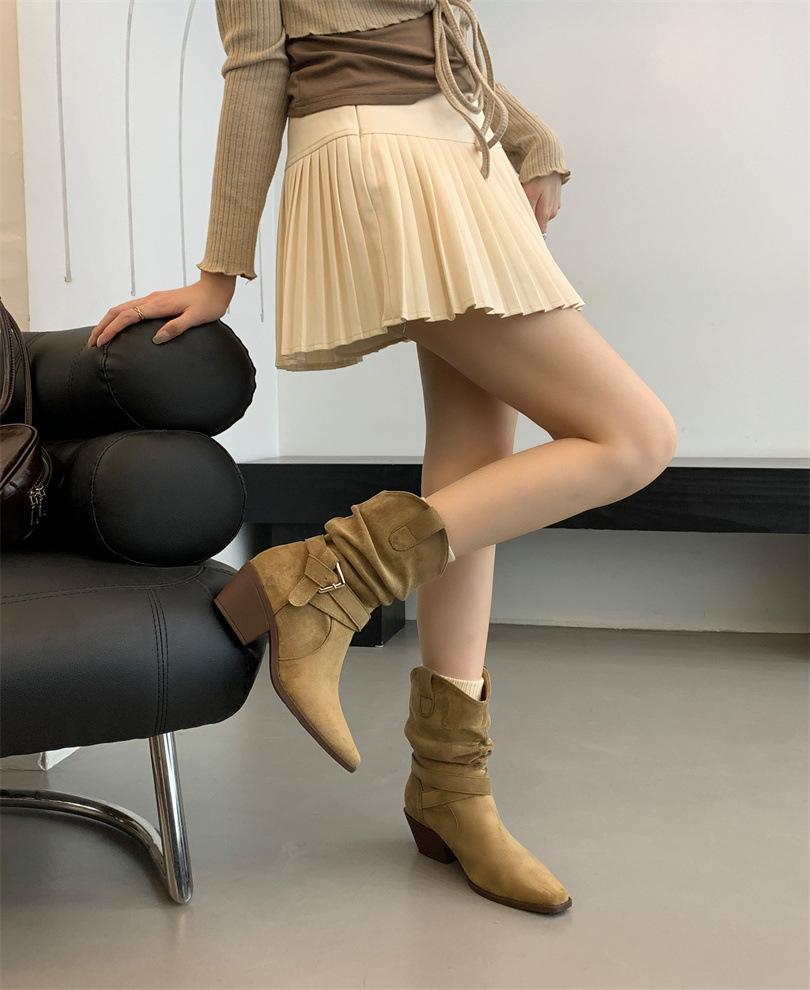 

Матовые замшевые ковбойские сапоги в западном стиле женские с V-образным вырезом на толстом каблуке, сапоги-чулки, пряжка-ремень, квадратный высокий каблук, ботинки Мартин 39 хаки