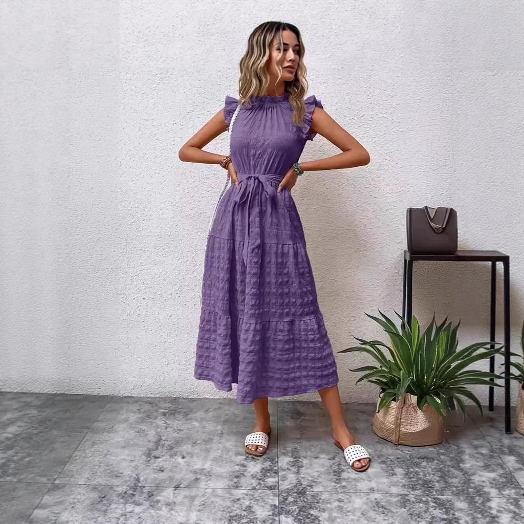 Women Solid Color Tie Waist Midi Dress Casual Square Neck Ruffle Sleeve Summer Dress