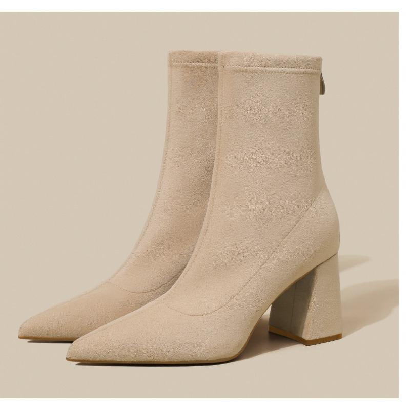

Autumn Winter Stretch Fabric Socks Boots Women High Heel Short Boots Pointed Toe Female Ankle Booties Plus Size 42 42 бежевый