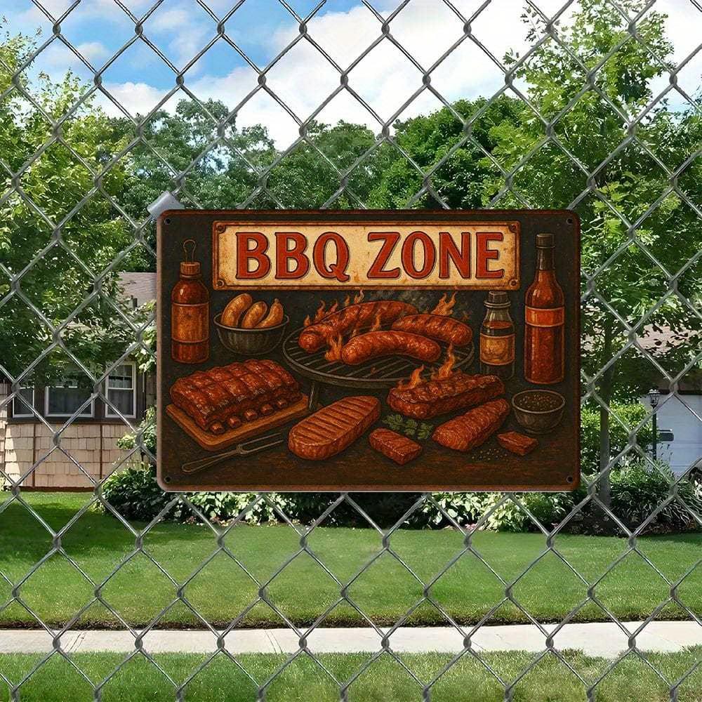 BBQ Zone Retro Metal Sign 20x30cm - Grilled design wall decor for home, bar, or restaurant.