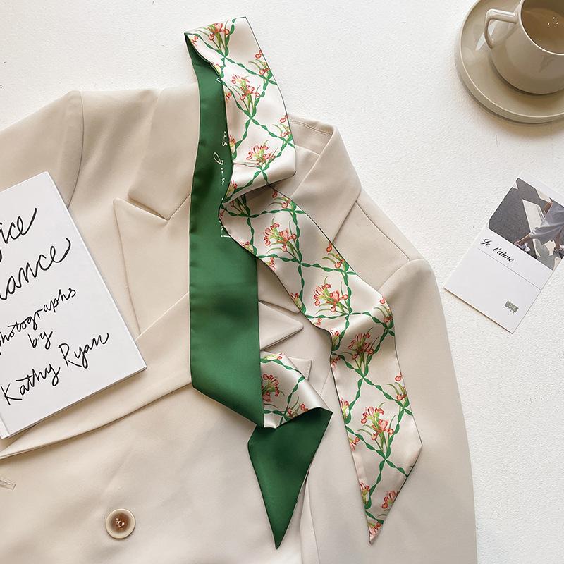 French Fashion Green White Long Strip Small Silk Scarf Women's Headband Decorative Scarf Double-sided Long Streamer Bag Belt