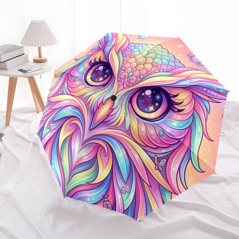 1pc Colorful Owl Automatic Opening/Closing Folding Umbrella with 8 Ribs,Windproof Portable Sunshade Umbrella Holiday gift yy260401031