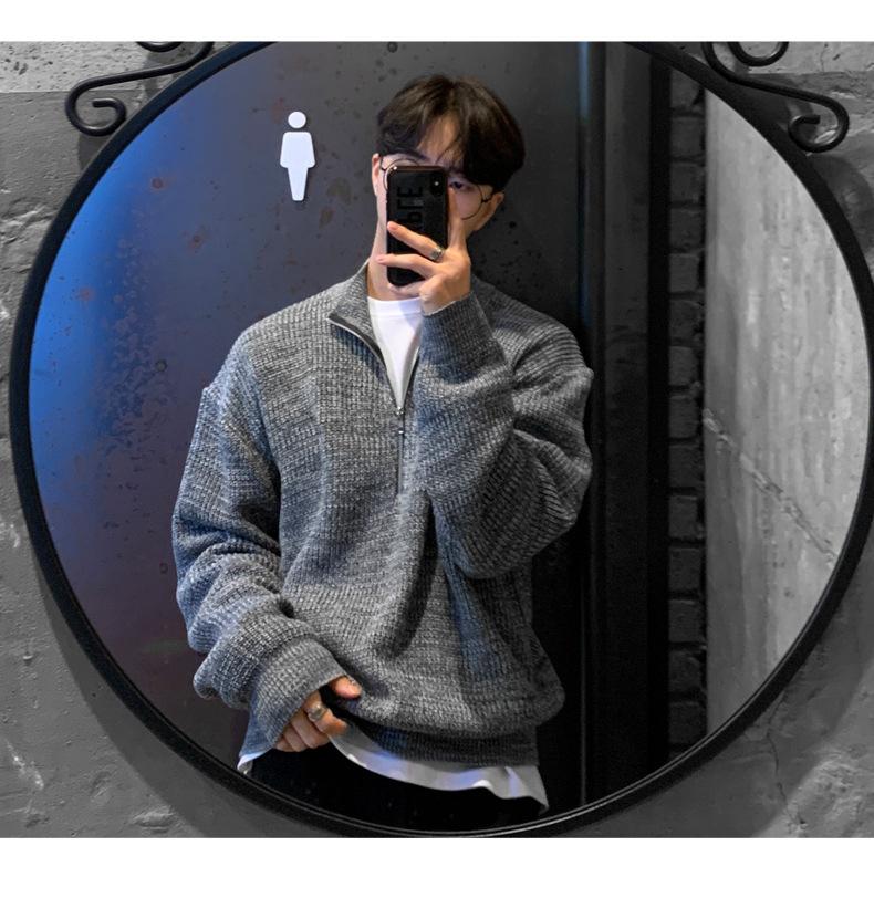 

Half-zipper Turtleneck Sweater Men s Lazy Autumn and Winter High-end Trendy Brand Bottoming Knitted Sweater Loose Inside with Clothes M серый