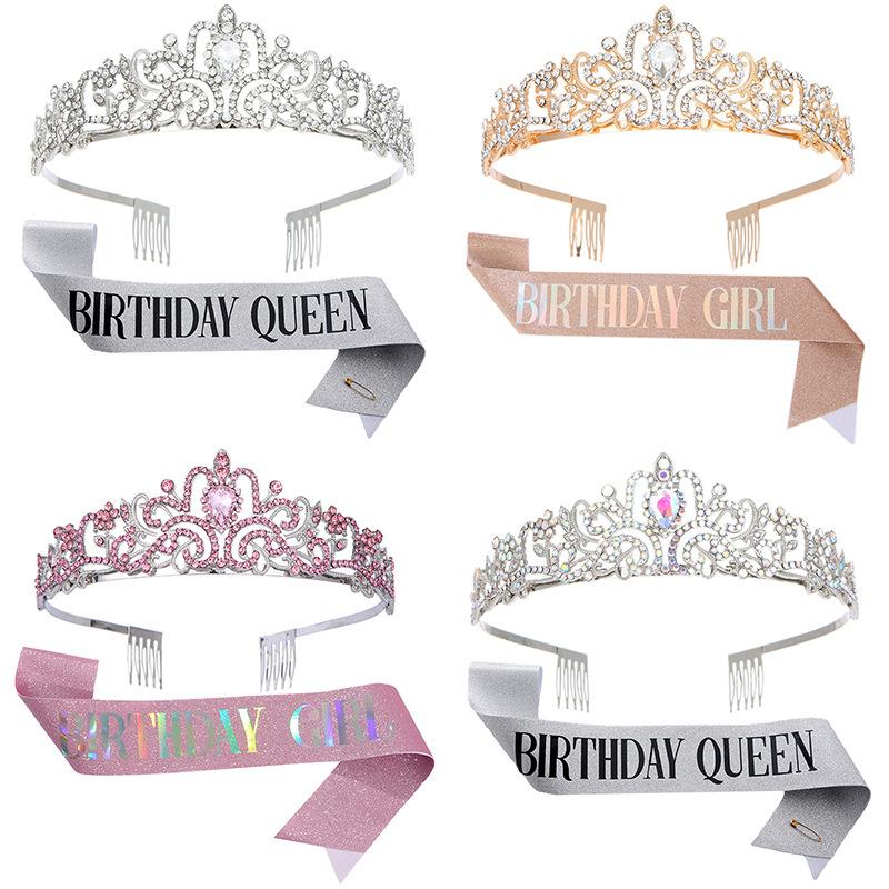 European and American Fashion Crystal Crown Belt Etiquette Wear Birthday Headwear Crown Birthday Girl Sash Set