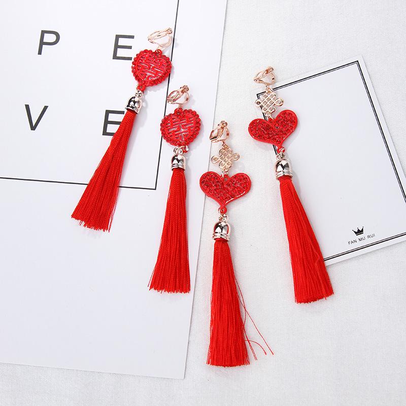 Hanfu-Inspired Red Tassel Clip-On Earrings with Chinese Knot Design