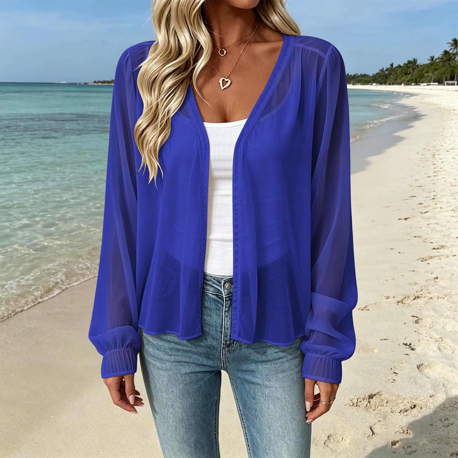 Women Casual Lantern Sleeve Chiffon Cardigan Open Front Lightweight Sheer Blouse Layering Top for Spring Summer XXL синий