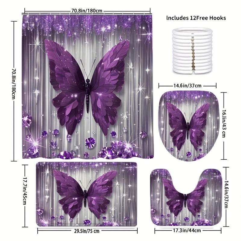 4PCS Luxury Diamond Butterfly Bathroom Set, Waterproof Shower Curtain with Non-slip Rugs, U-shaped Mat  Toilet Cover 12 Hooks