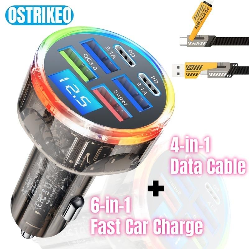 150W Mehrfachanschluss-Autoladegerät 5/6 Anschlüsse, 4 USB + Dual PD, Blaue oder Farbige Hintergrundbeleuchtung Spannungsanzeige für 12–32V Fahrzeuge