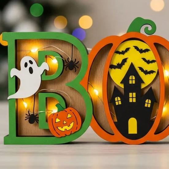 Halloween Night Light Wooden Light-up Boo Ornament Pumpkin Ghost Castle Table Decoration with Lights for Home Mantel Dining Table
