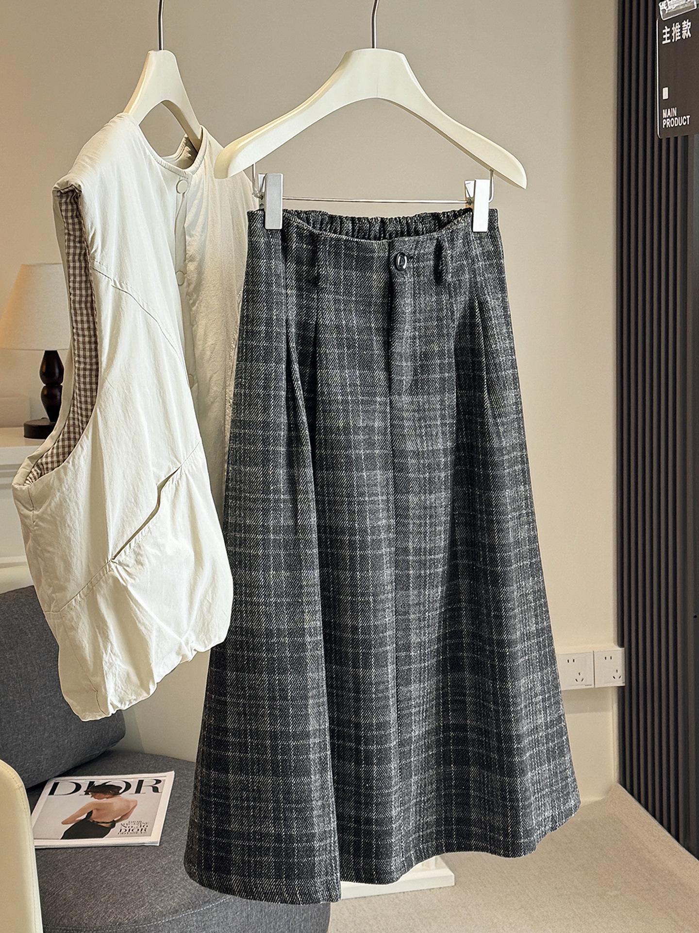 Women s Retro Plaid Elastic Waist Wool Blend A-line Skirt - 2025 Autumn/Winter Small серый