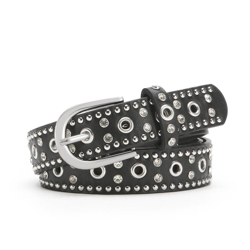 Women S Versatile Belt With Rivets Rhinestones Pin Buckle For Jeans