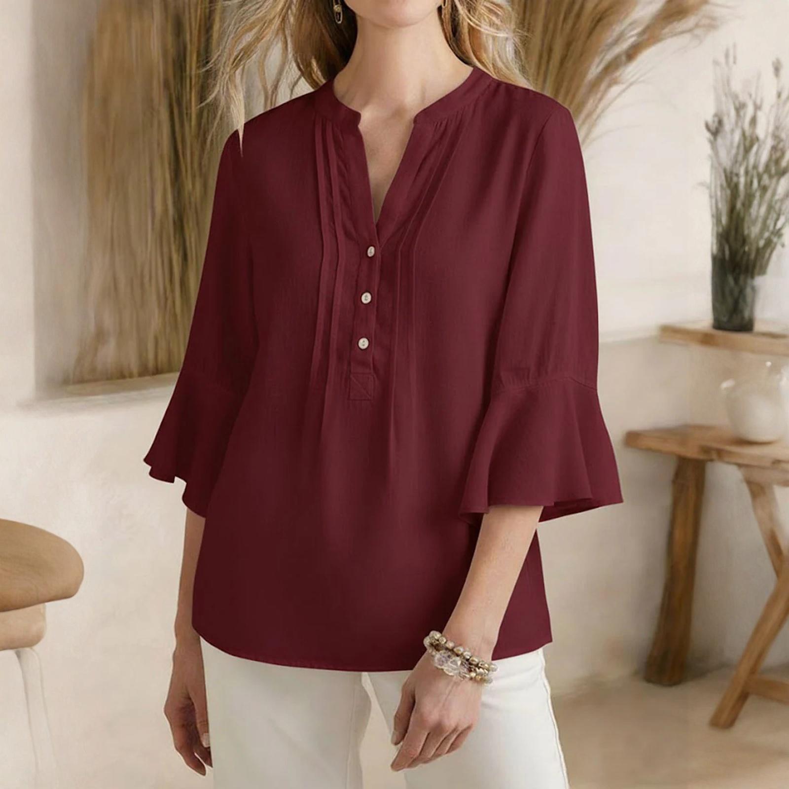 

Fashionable Women s Leaf Seven Quarter Sleeved Top Color Fashionable Casual Loose V-neck Shirt XL винный