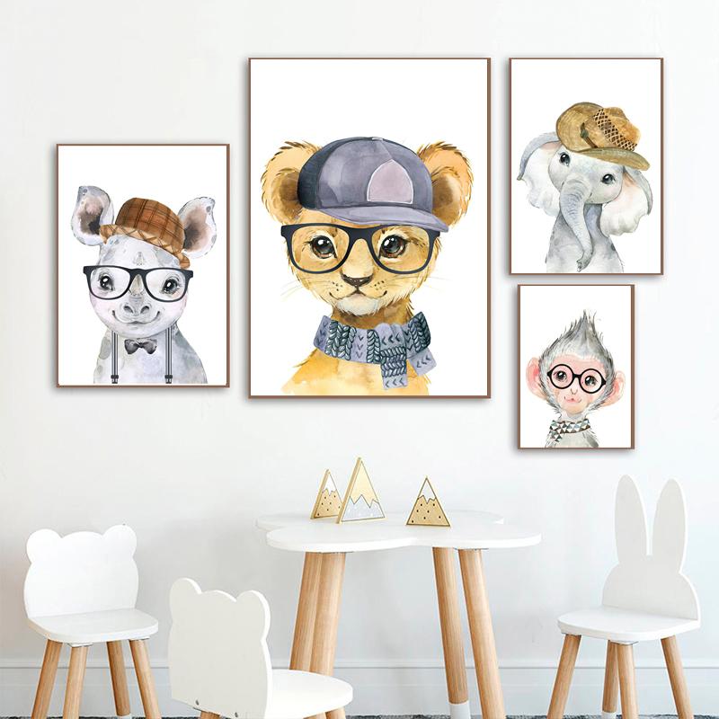 Cartoon Funny Animal Elephant Tiger Monkey Baby Posters And Prints Wall Art Canvas Painting Wall Pictures Kids Room Décor No Frame