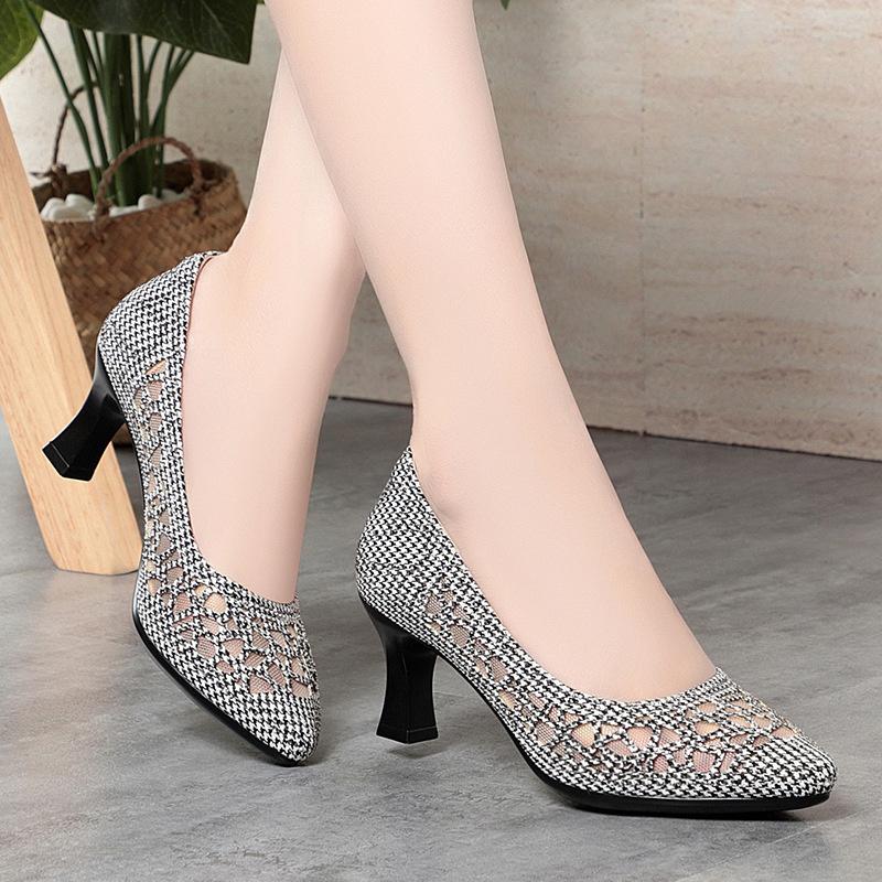 Fashion Summer Single Shoes Mesh Breathable Versatile High Heels Women's Shoes Middle-Aged Temperament Pointed Toe Shallow Mouth Shoes