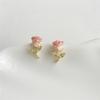 Cute Female White Enamel Gold Color Pink Flower Stud Earrings Lovely Bridal Wedding Jewelry For Women