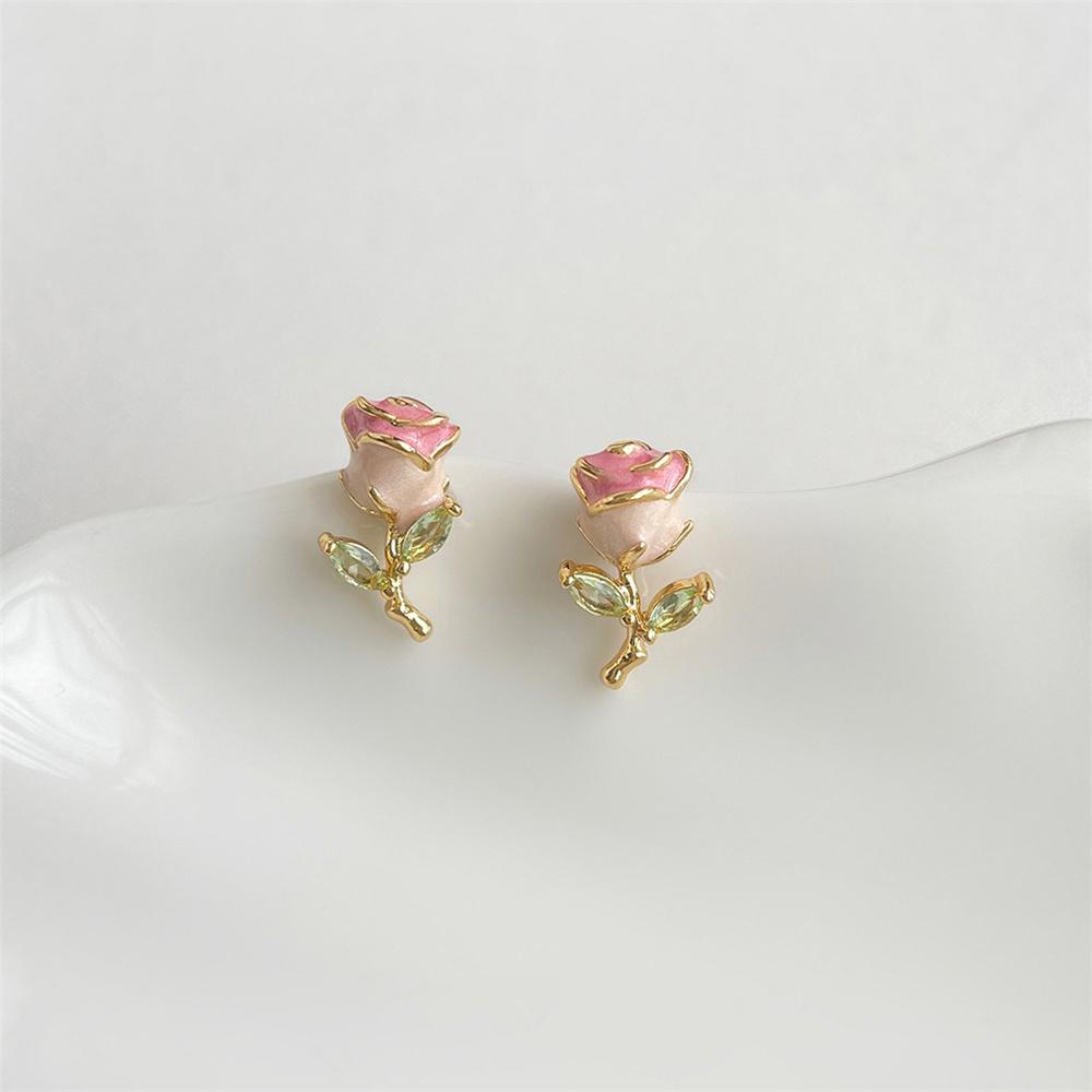 Cute Female White Enamel Gold Color Pink Flower Stud Earrings Lovely Bridal Wedding Jewelry For Women