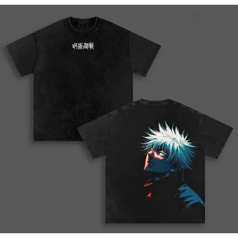 Manga Jujutsu Kaisen T-shirt Gojo Satoru Y2k Washed Oversized Tee Shirt Summer Short Sleeve 100% Cotton Men's Clothing Tops