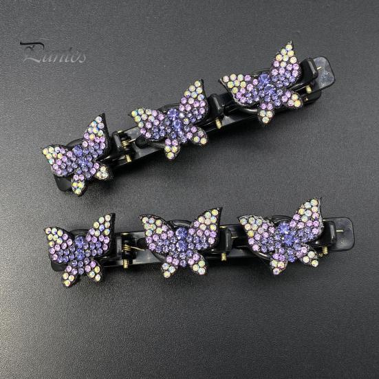 2Pcs Women Hairpins Sparkling Faux Crystal Butterflies Decor Braided Hair Clips Double Layer Bang Hair Pins