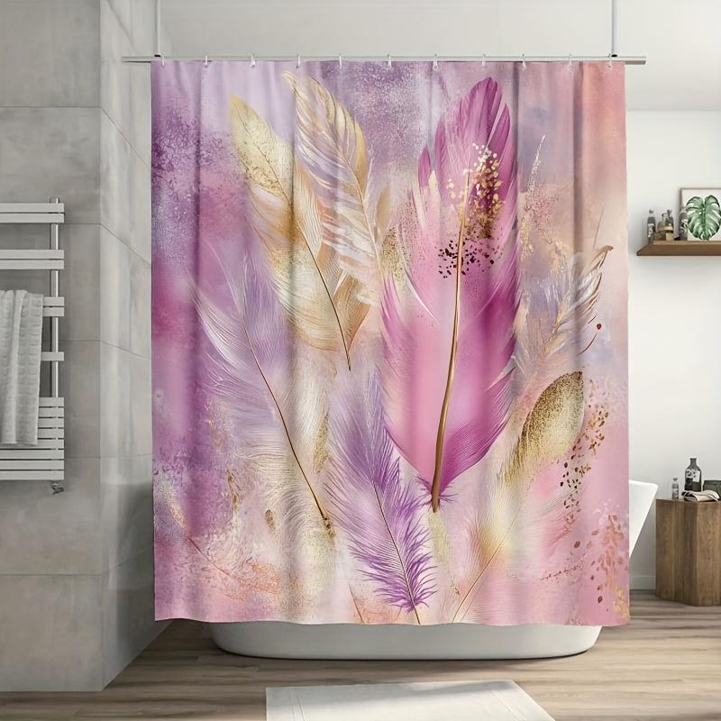 

1Pc Boho Feather Curtain, Soft Pink & Lavender, Gold Accents, 71X71 Inch, Durable Polyester, Easy-Clean Bath/Window Decor W60H190(CM)-1 Pcs