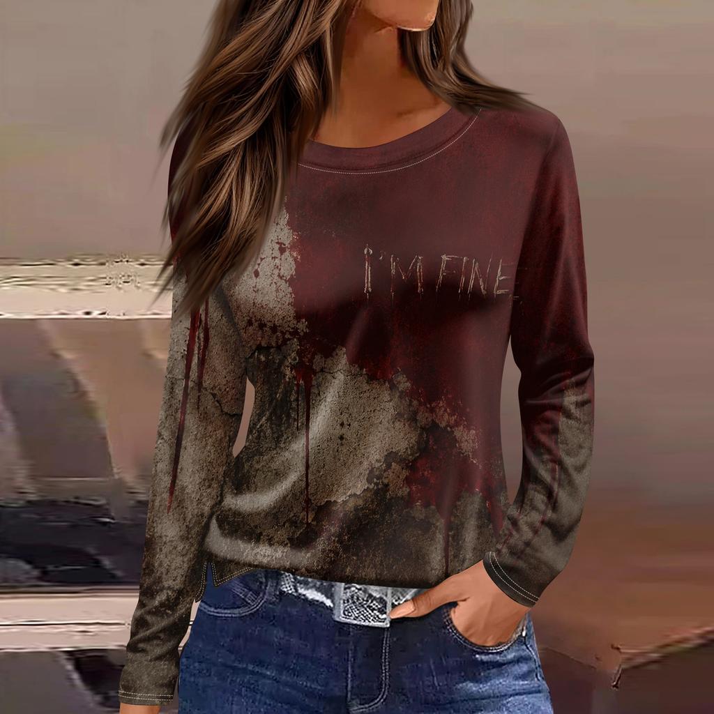 Women's Halloween Print Long Sleeve Top - Casual Pullover with Split Hem, Fun Holiday Design for Parties and Daily Wear