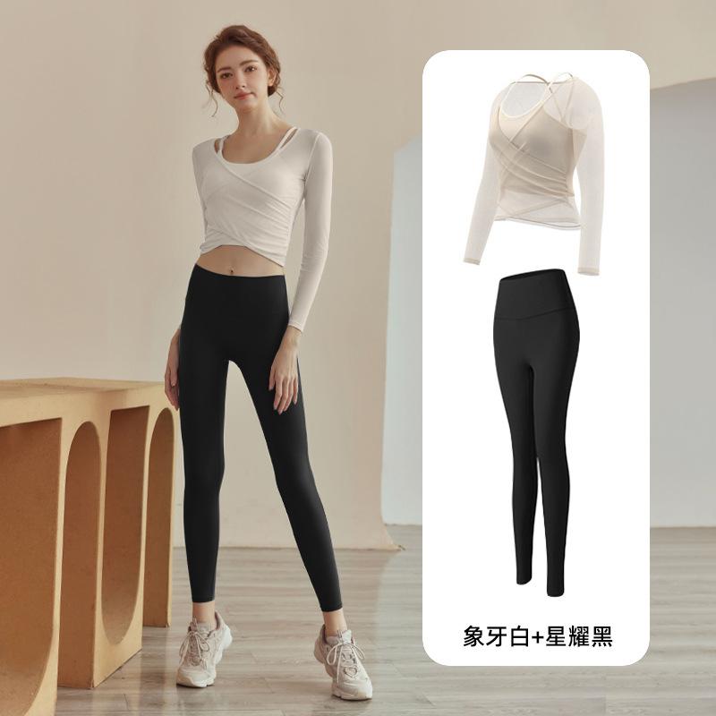 Two-piece mesh top, long-sleeved vest, professional Pilates training with chest pad, yoga clothes, women's gym exercise
