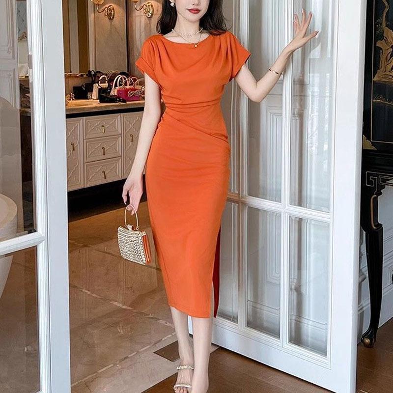 Commute Elegant Slash Neck Dresses French Style Slim Folds Women's Solid Color Summer Waist Solid Color Midi Dress New