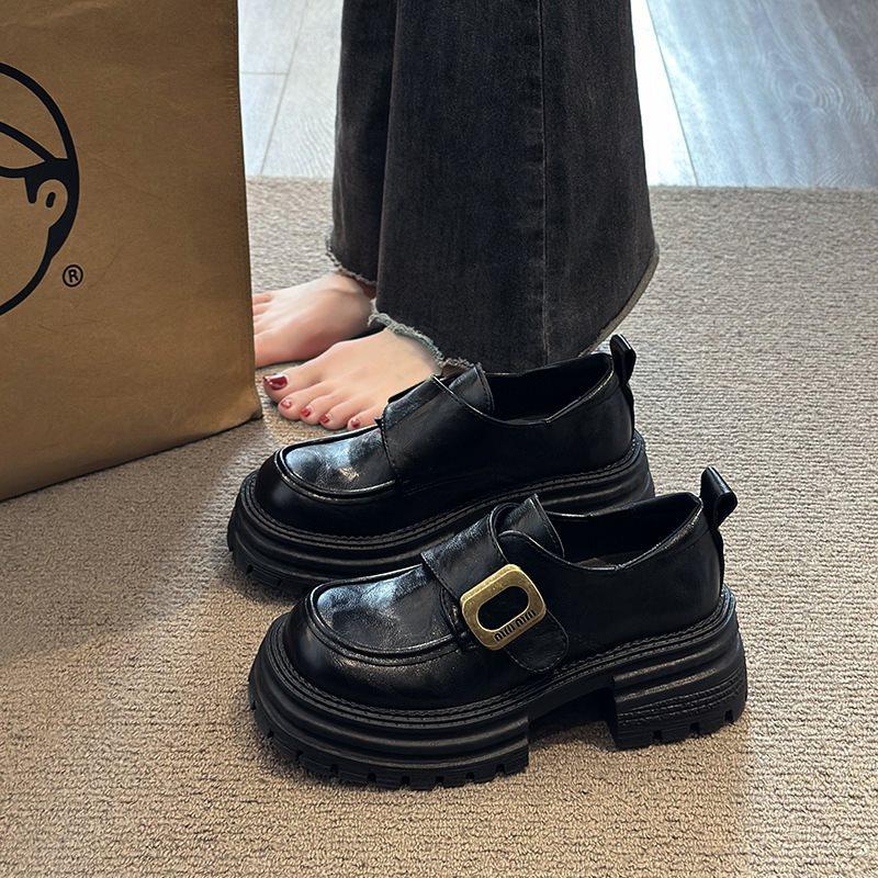 

Black 2025 versatile platform new jk with British retro spring loafers women s skirt small leather shoes increase height 40 чёрный
