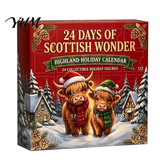 Christmas Advent Calendar 24 Days of 3D Highland Cow Calendar, Cute Farm Day Countdown Box Cattle with Mini Figurines Collectibles for Holiday