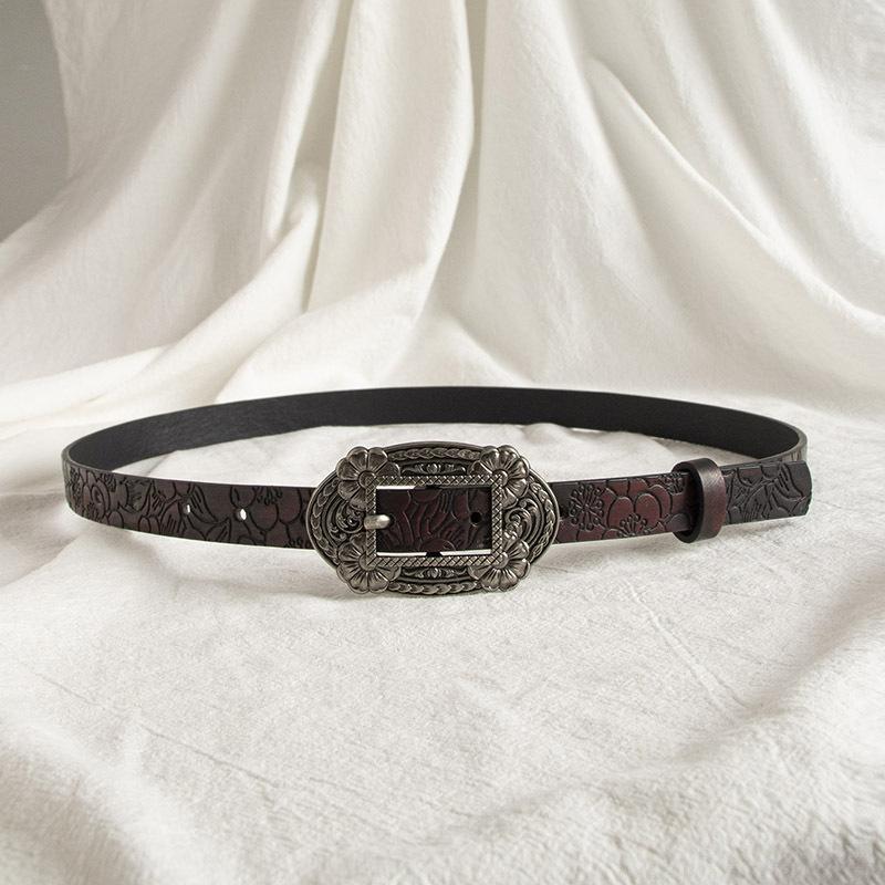 A Lady's Vintage, Aged, Embossed and Carved Western Style High-end, Fashionable and Elegant Fine Belt and Tang Grass Belt