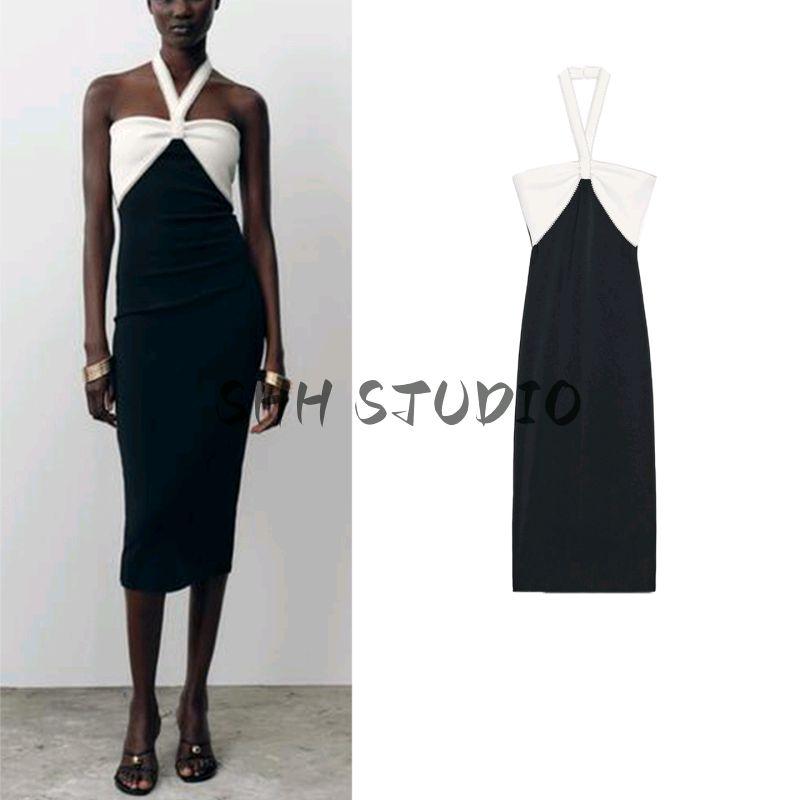 Summer New Product Women's Clothes Minimalist Style Contrast Color Bowknot Decoration Elastic Halterneck Midi Skirt Dress 5584121