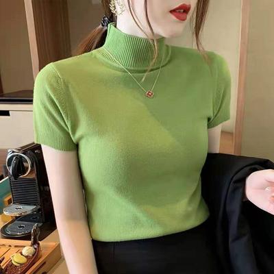 Fashion Spring and Autumn Half-high Neck Soft Knit Shirt Short-sleeved Women's Top Slim Thin Warm Bottoming Casual Essential Slim Fit Pullovers Tees