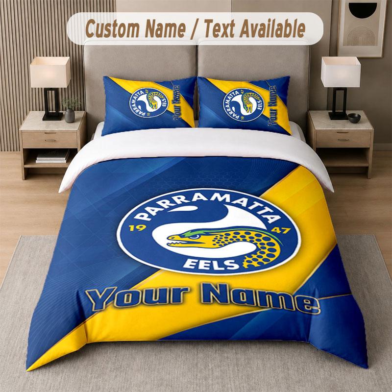 Custom Bedding Set Parramatta Eels Pattern, Print Name Text 1 Duvet Cover Plus 2 Pillowcases Home Textile