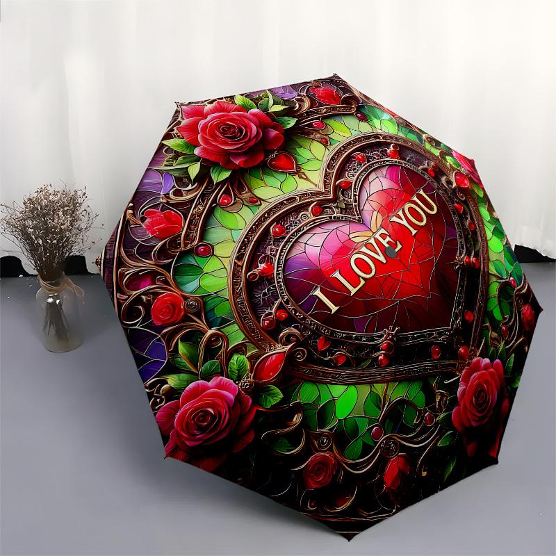 Stained Glass Heart with Roses - 'I Love You' Decorative Panel Umbrella, Christmas Gift Y116