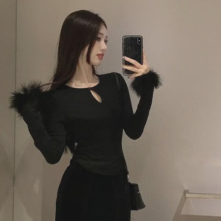 Damen Herbst/Winter Slim Samt-Patchwork Langarm Hollow T-Shirt