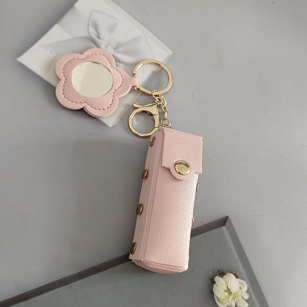 Portable Lipstick Bag Packet PU Leather Backpack Hangings New Flower Mirror Keychain  Keyring Gift