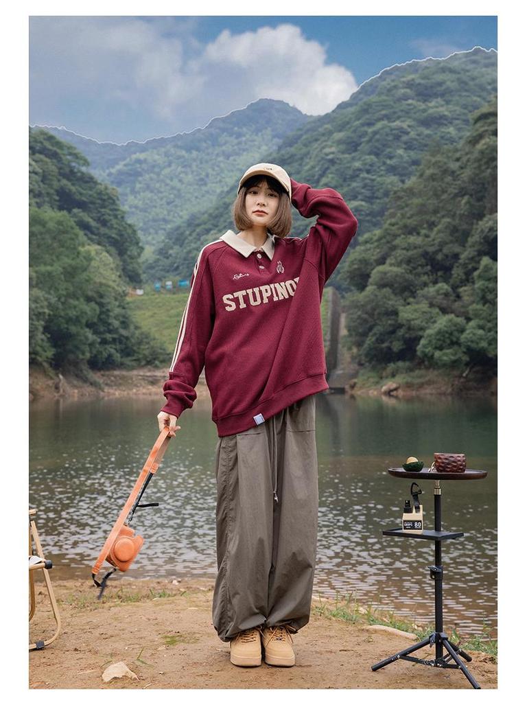 Preppy Retro Embroidered Long-Sleeve Polo Shirt - Trendy Color Block Lapel Sweatshirt for Women and Couples