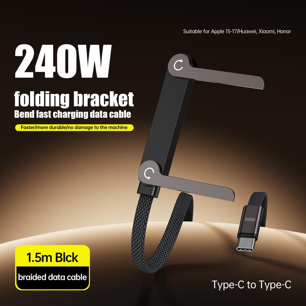 240W Super Fast Charging Cable with Foldable Stand, Compatible with Huawei Xiaomi iPhone 15/17, Nylon Braided Durable Charger Cord
