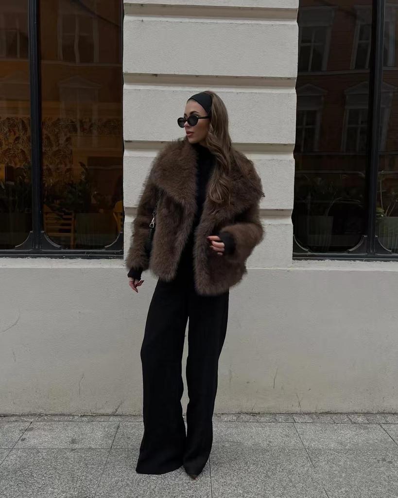 Women's Fluffy Faux Fur Lapel Coat - Casual Fox Fur Jacket