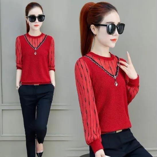 Módní košile se spodním okrajem ze síťoviny pro ženy s dlouhým rukávem jaro podzim nové volné tričko Blusa