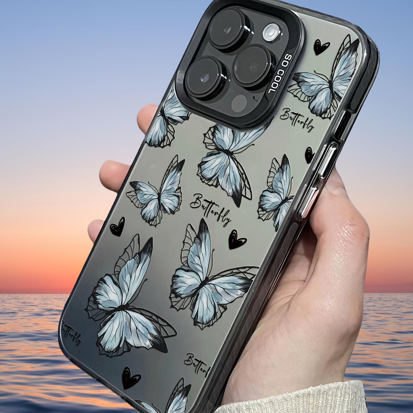 

Blue Butterfly IMD Color Silver Phone Case with High Beauty and Fashion For iPhone 11 12 13 14 15 16 17 XS XR X 12 13 Plus Pro Max SE series iPhone 16 Pro прозрачный черный